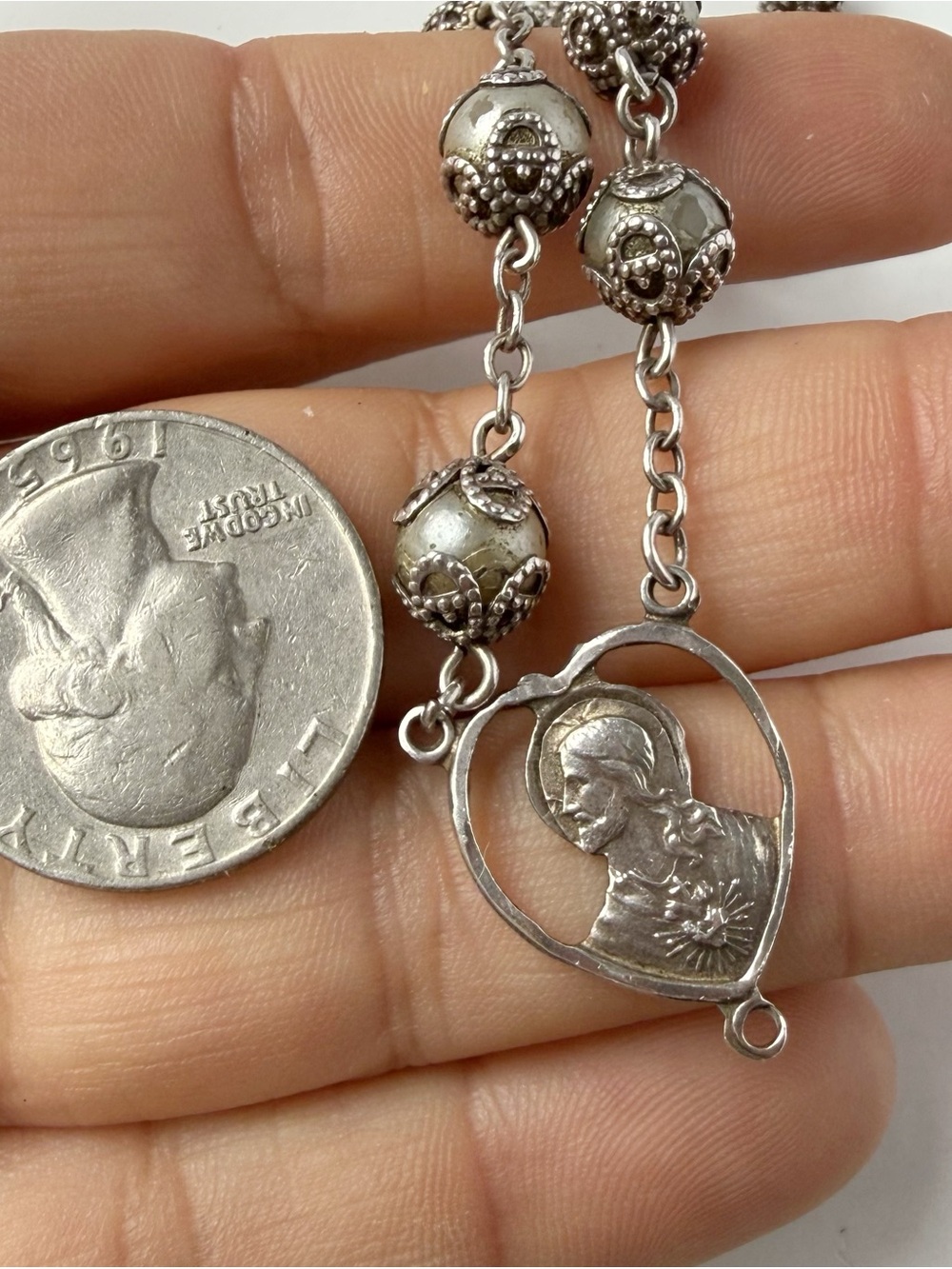 Vintage Sterling Silver Rosary Capped Faux Pearls Jesus Sacred Heart AS IS FLAWS - Picture 4 of 11